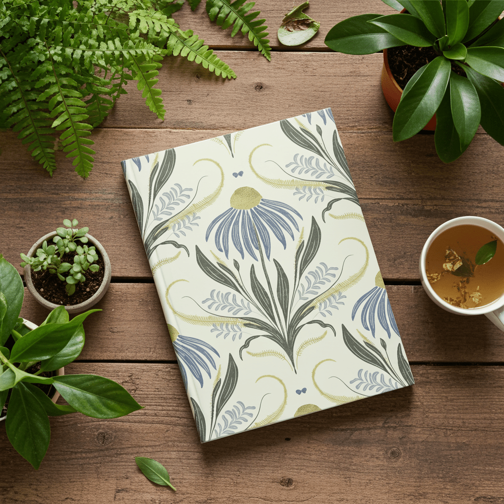 Floral notebook on a wooden surface with plants and a cup of tea.