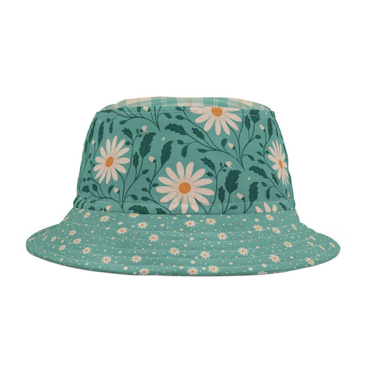 Daisy Daydream Floral & Plaid bucket hat with hand - drawn artwork - Flourish Moon Studio