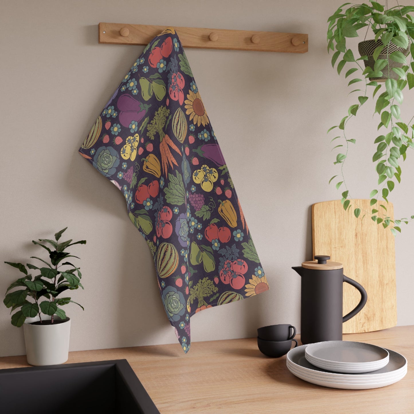 Farmers Market Bloom & Harvest Tea Towel Midnight with hand drawn artwork - Flourish Moon Studio