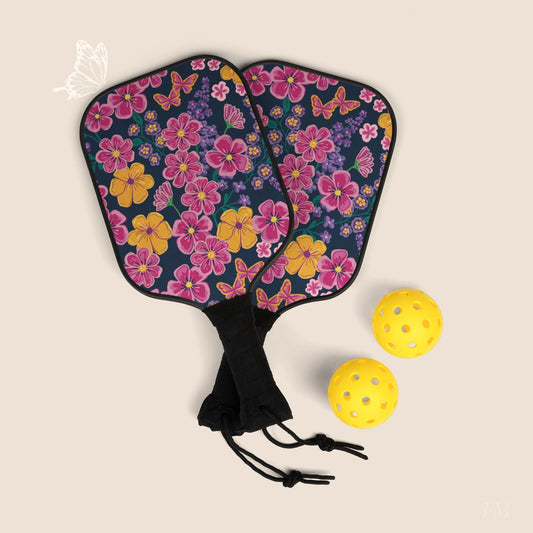 Garden Gala Midnight Floral Pickleball Paddles Set with hand drawn artwork - Flourish Moon Studio