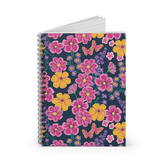 Garden Gala Midnight Floral Spiral Notebook with hand - drawn artwork - Flourish Moon Studio