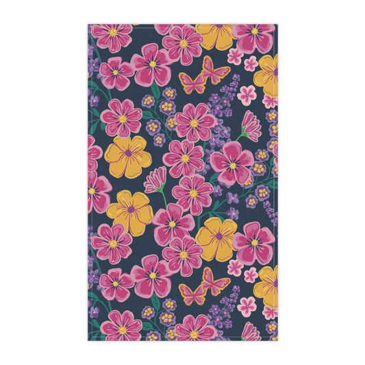 Garden Gala Midnight Tea Towel with hand - drawn artwork - Flourish Moon Studio