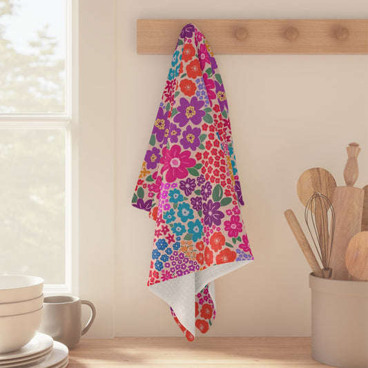 Garden Whimsy Floral in Bright Multicolor Microfiber Waffle Kitchen Towel with hand - drawn artwork - Flourish Moon Studio
