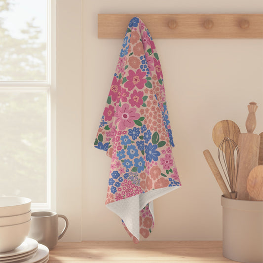 Garden Whimsy Floral in Cottage Pinks Microfiber Waffle Kitchen Towel with hand - drawn artwork - Flourish Moon Studio