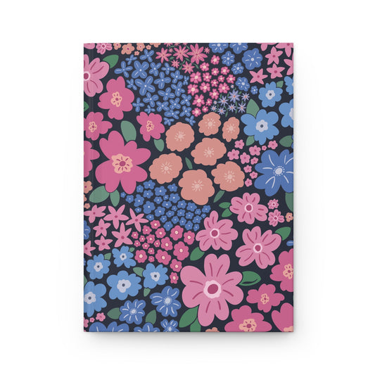Garden Whimsy Floral in Cottage Pinks on Dark Hardcover Journal with hand - drawn artwork - Flourish Moon Studio