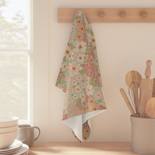 Garden Whimsy Floral in Cream & Coral Microfiber Waffle Kitchen Towel with hand - drawn artwork - Flourish Moon Studio