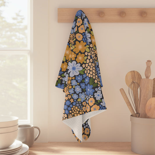 Garden Whimsy Floral in Marigold & Cornflower Microfiber Waffle Kitchen Towel - Flourish Moon Studio