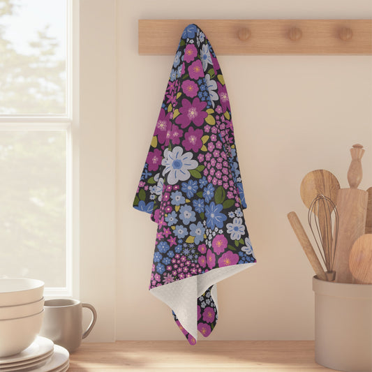 Garden Whimsy Floral Periwinkle & Berry Microfiber Waffle Kitchen Towel with hand - drawn artwork - Flourish Moon Studio