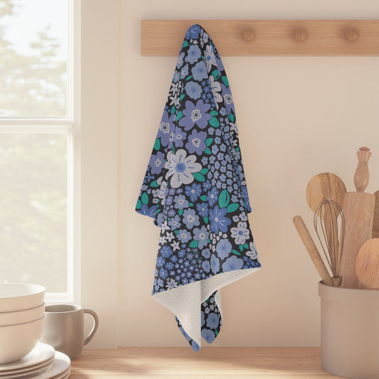 Garden Whimsy Floral Periwinkle Blue Microfiber Waffle Kitchen Towel with hand - drawn artwork - Flourish Moon Studio