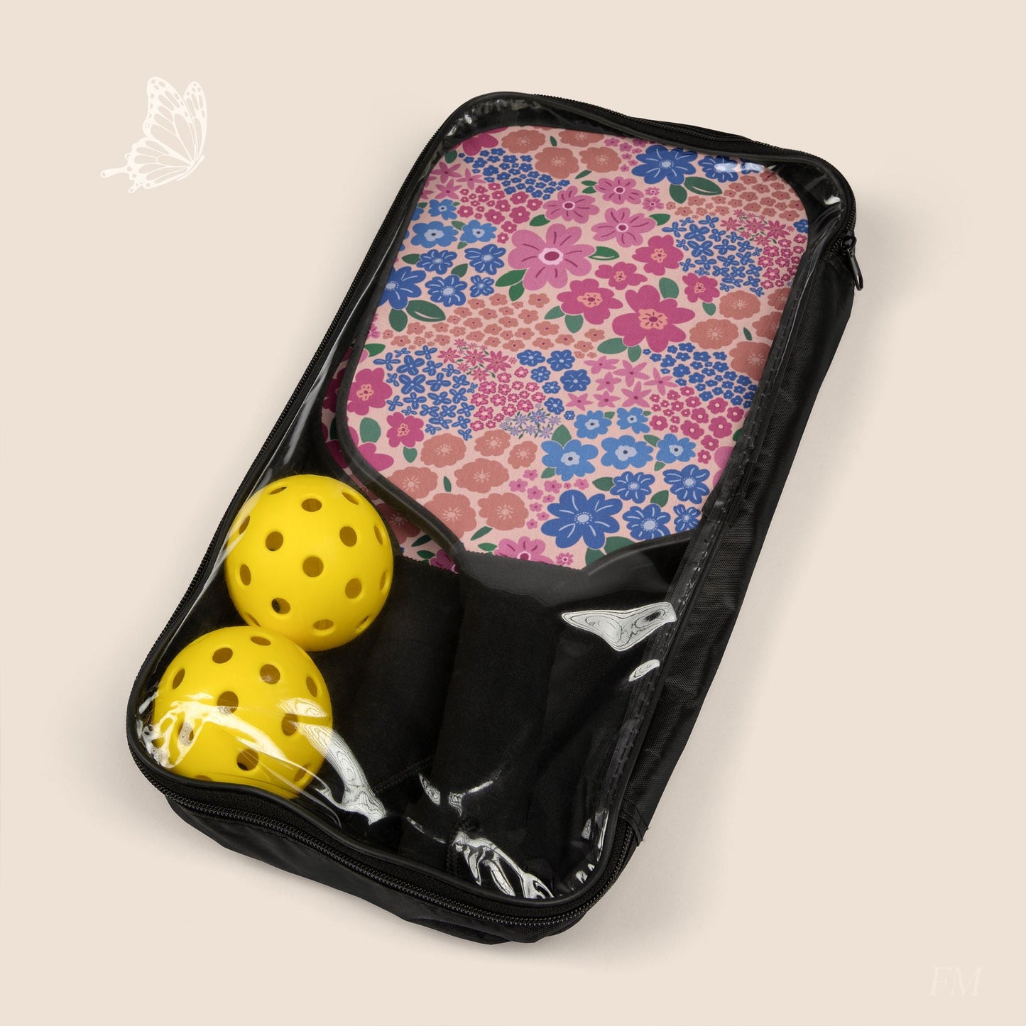 Garden Whimsy in Cottage Pinks Pickleball Paddles Set with hand drawn artwork - Flourish Moon Studio