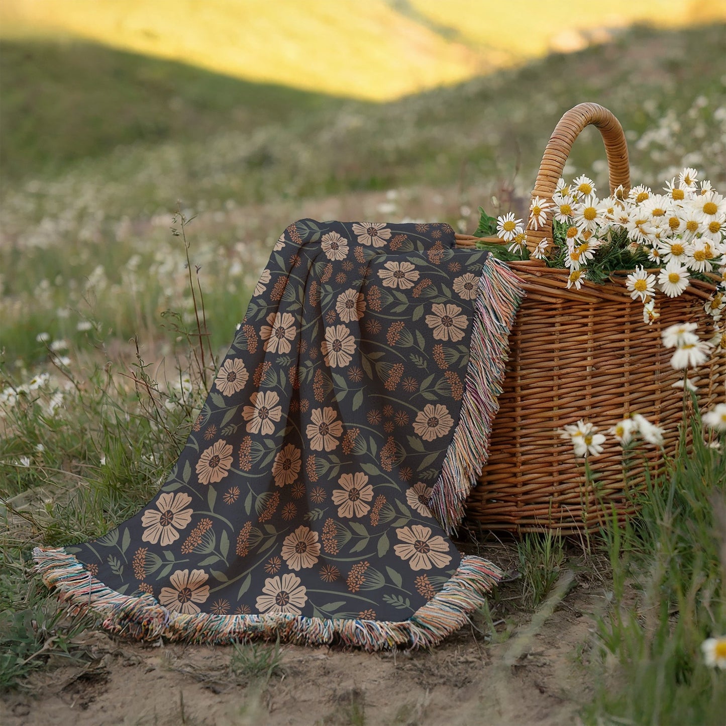 Garden Whispers Floral Woven Blanket with hand - drawn artwork - Flourish Moon Studio