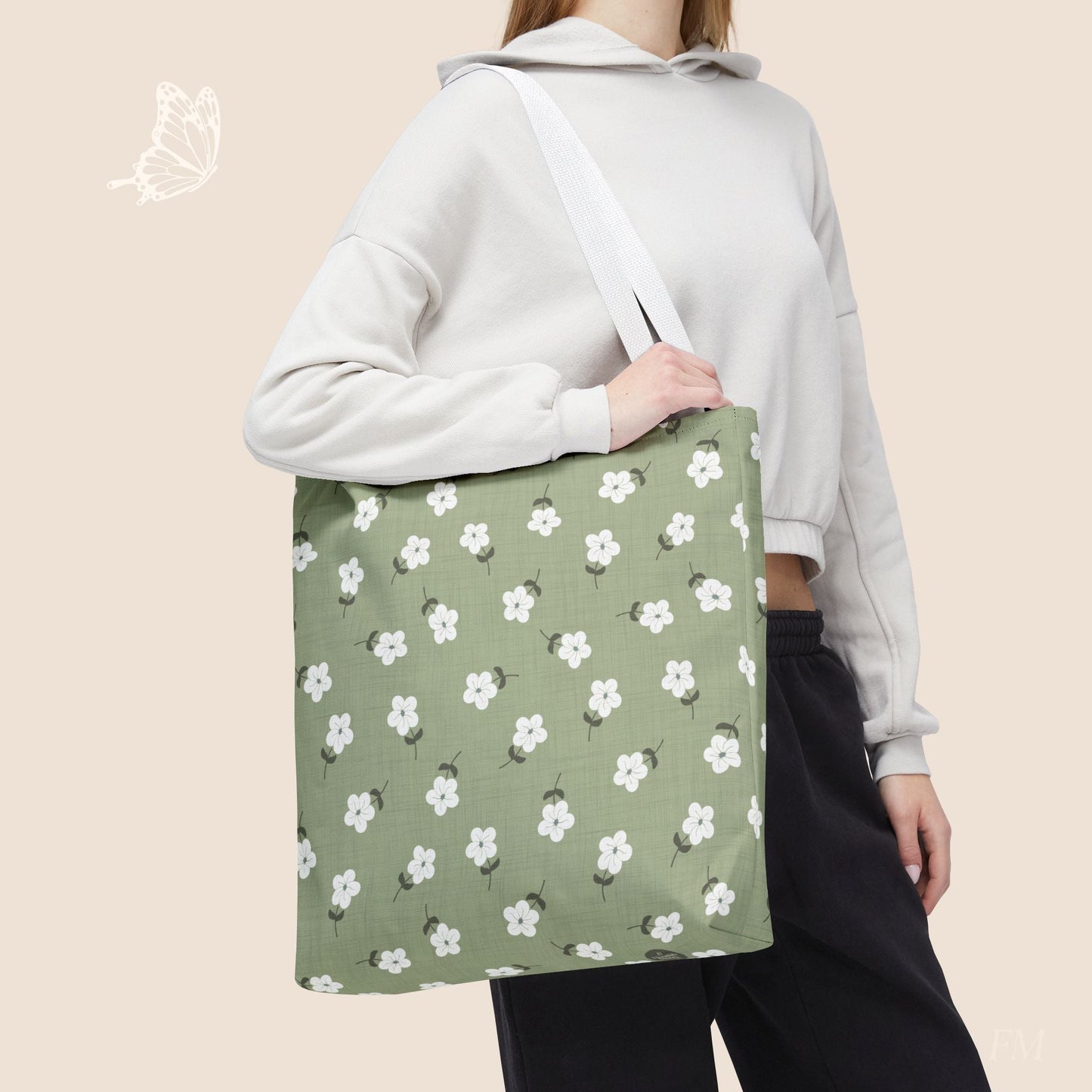 Heirloom Petites Spring Green Dainty Floral Day Tote Bag with hand drawn artwork - Flourish Moon Studio