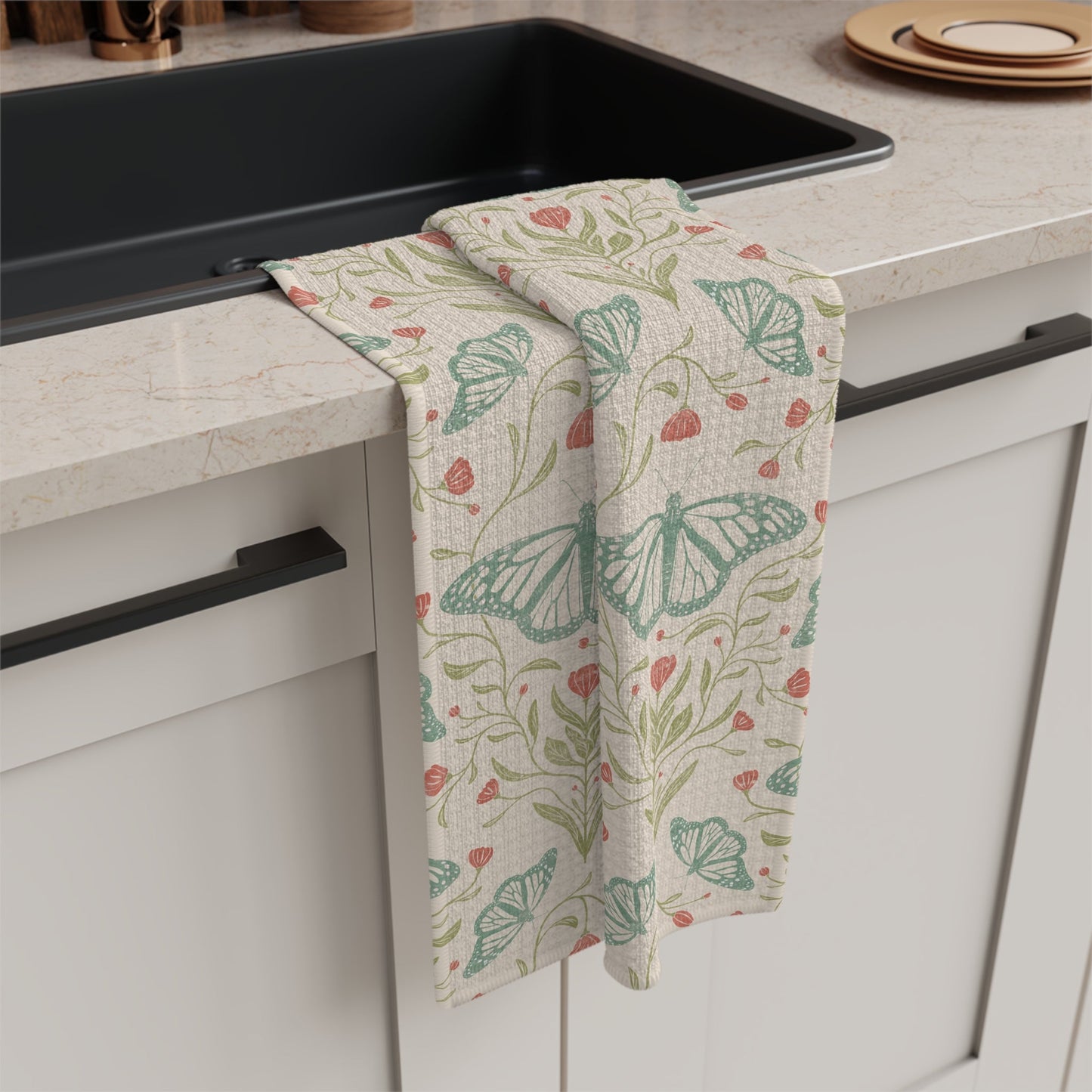Meadowlace Butterflies Microfiber Waffle Kitchen Towel with hand - drawn artwork - Flourish Moon Studio