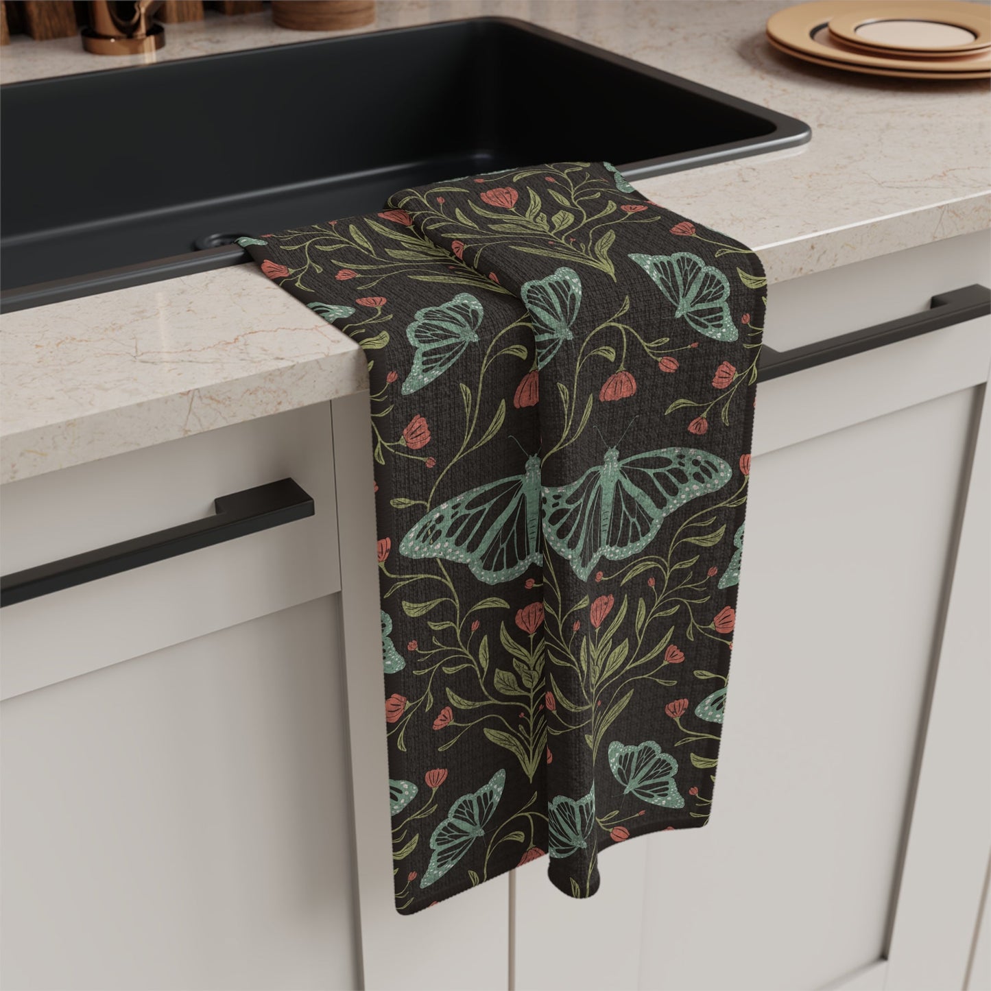 Meadowlace Butterflies Nightglow Microfiber Waffle Kitchen Towel with hand - drawn artwork - Flourish Moon Studio