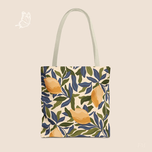 Mediterranean Lemon Branches Day Tote Bag with hand drawn artwork - Flourish Moon Studio