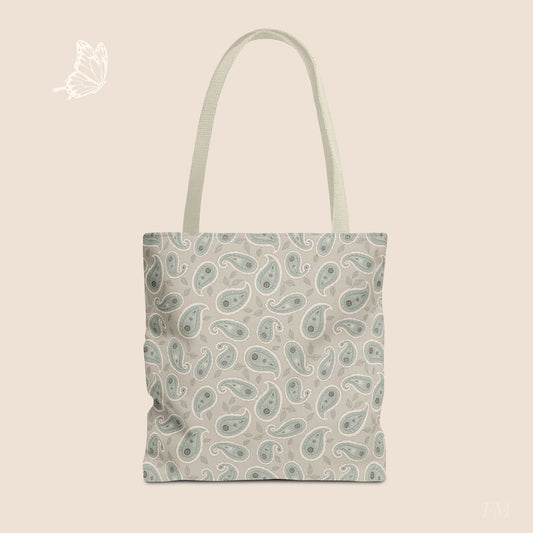 Paisley Folklore Sage Mist Day Tote Bag with hand drawn artwork - Flourish Moon Studio