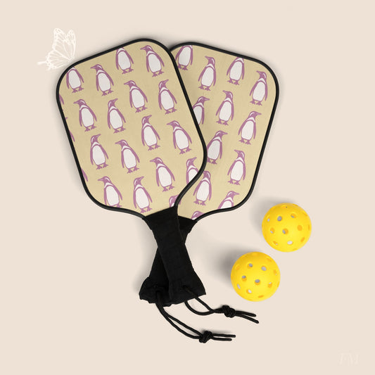 Penguin Bubblegum & Butter Pickleball Paddles Set with hand drawn artwork - Flourish Moon Studio