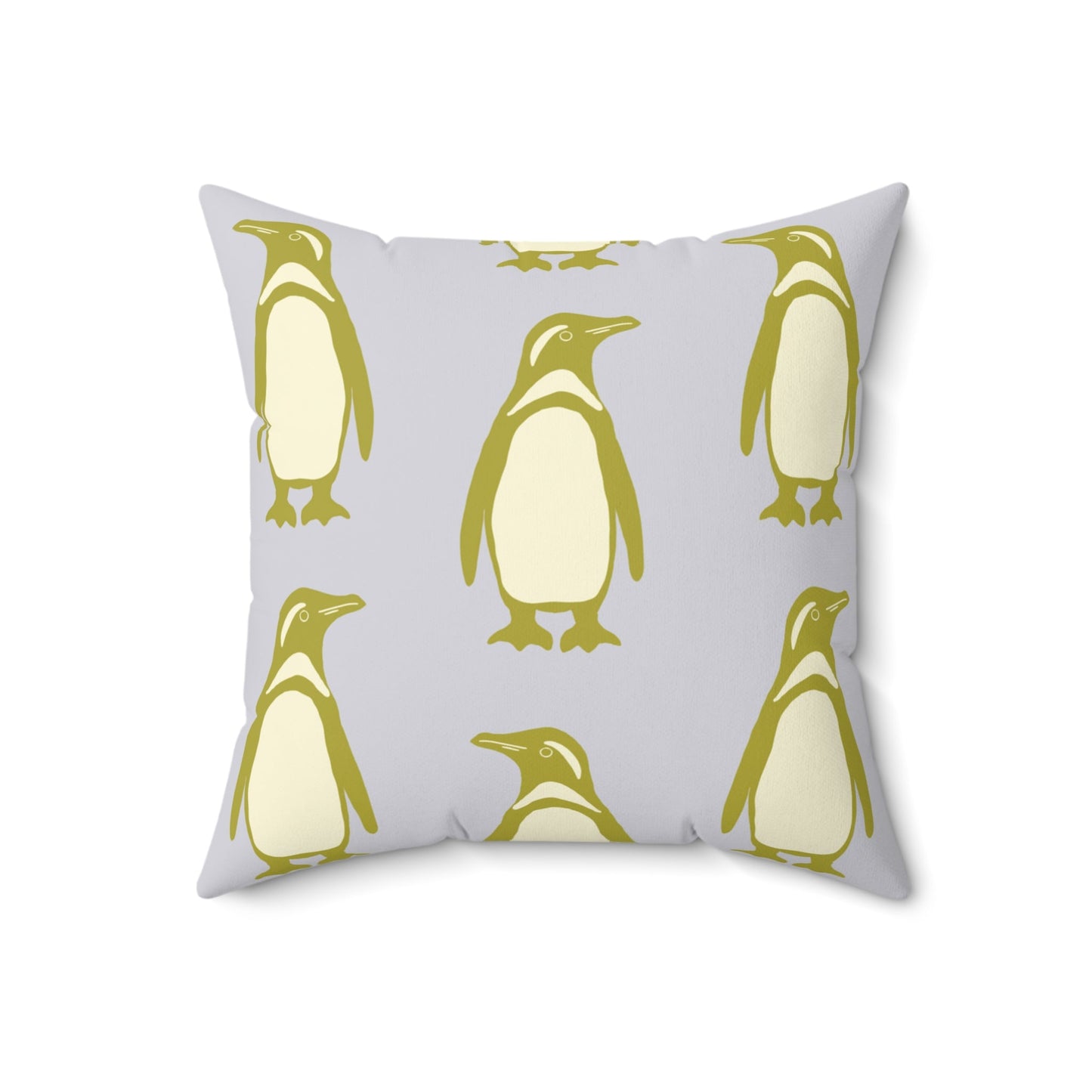 Penguin Olive - Gold Faux Suede Pillow with hand - drawn artwork - Flourish Moon Studio