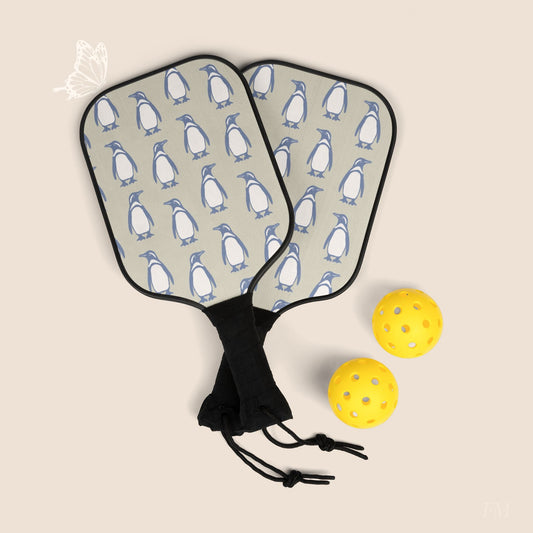 Penguin Periwinkle Pickleball Paddles Set with hand drawn artwork - Flourish Moon Studio