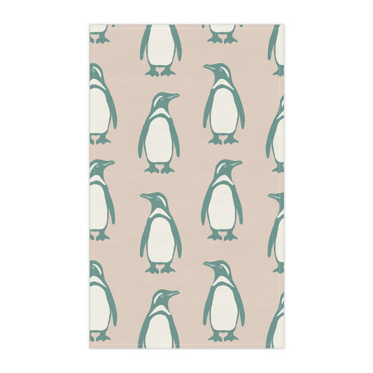 Penguin Teal & Peach Tea Towels with hand - drawn artwork - Flourish Moon Studio