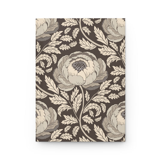 Peony Sway Taupe Hardcover Journal with hand - drawn artwork - Flourish Moon Studio