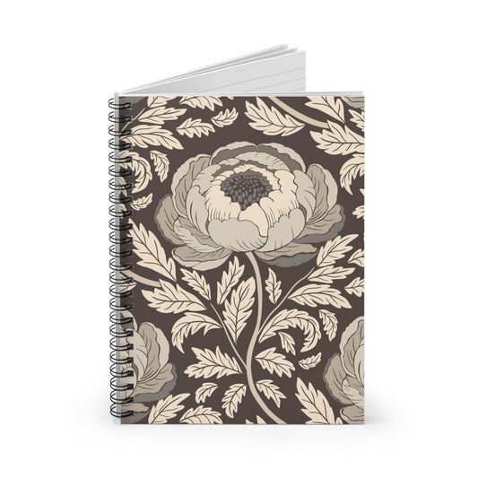 Peony Sway Taupe Spiral Notebook with hand - drawn artwork - Flourish Moon Studio