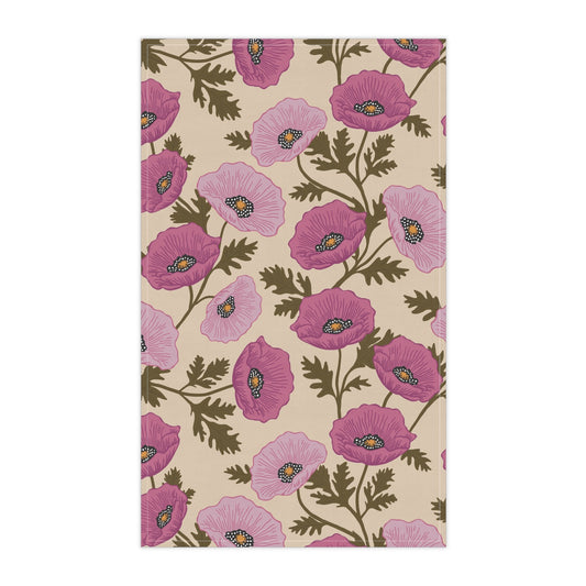 Poppy Waltz Floral Rosewood Pink Tea Towel with hand drawn artwork - Flourish Moon Studio