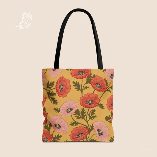 Poppy Waltz on Sunshine Yellow Day Tote Bag with hand drawn artwork - Flourish Moon Studio
