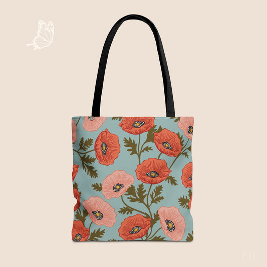 Poppy Waltz Sky Blue Day Tote Bag with hand drawn artwork - Flourish Moon Studio