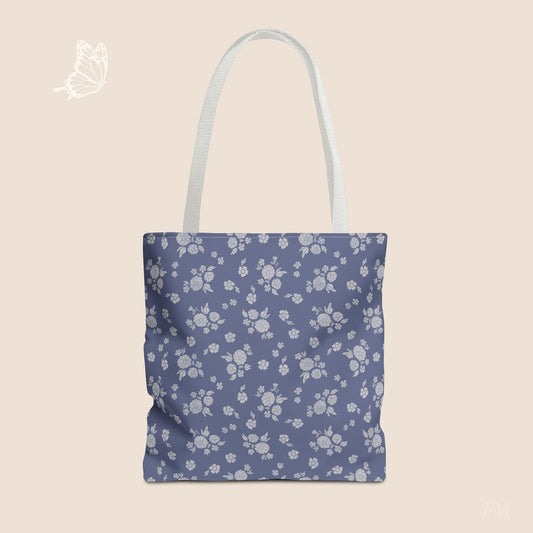 Prairie Bloom Floral Pale Blue on Denim Day Tote Bag with hand drawn artwork - Flourish Moon Studio