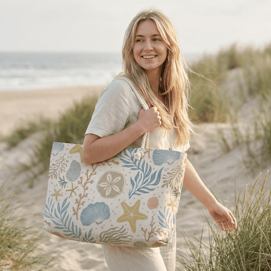 Shoreline Finds Sand Dollar Shell Multi Weekender Tote Bag with hand drawn artwork - Flourish Moon Studio