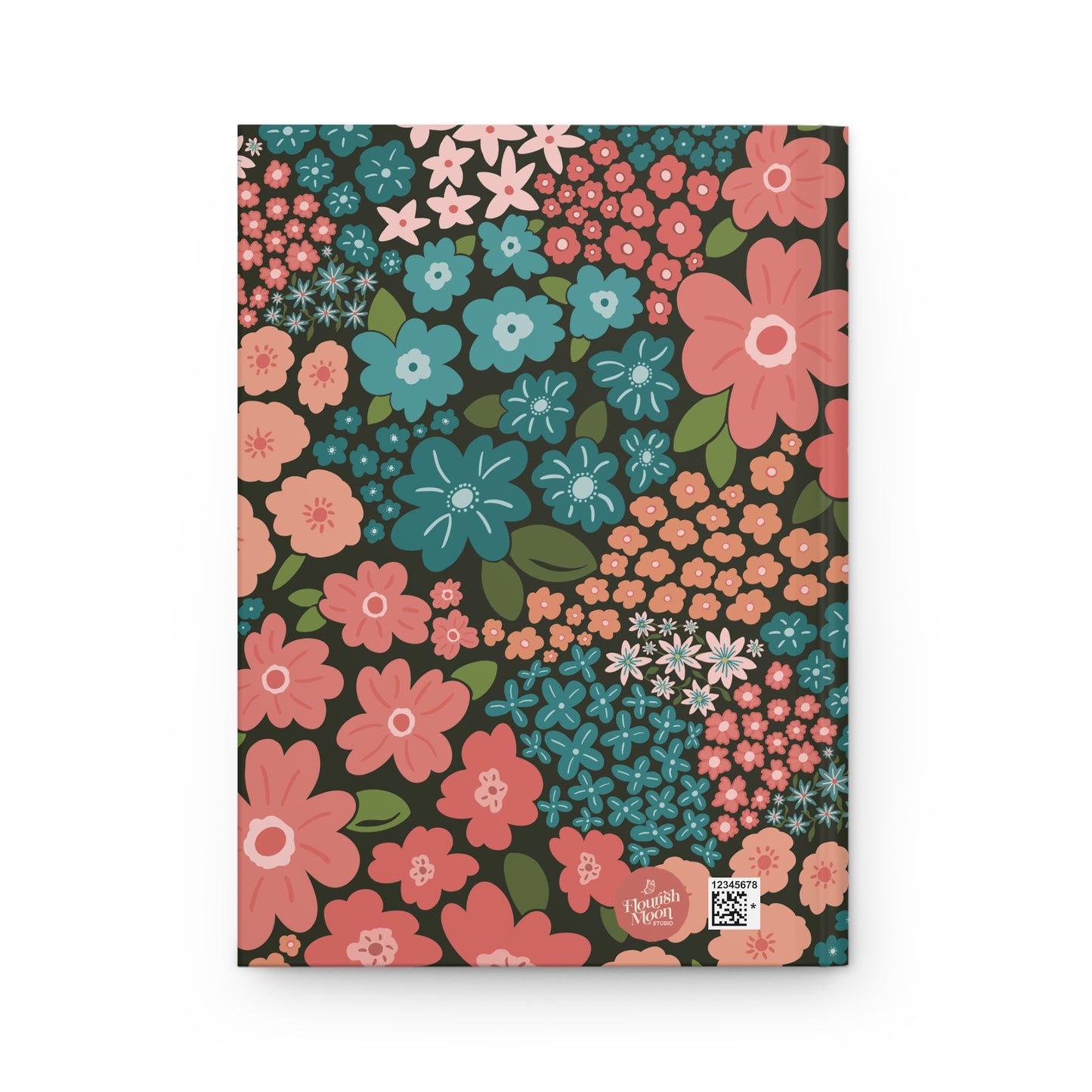 Garden Whimsy Floral in Teal & Coral  on Deep Green Hardcover Journal