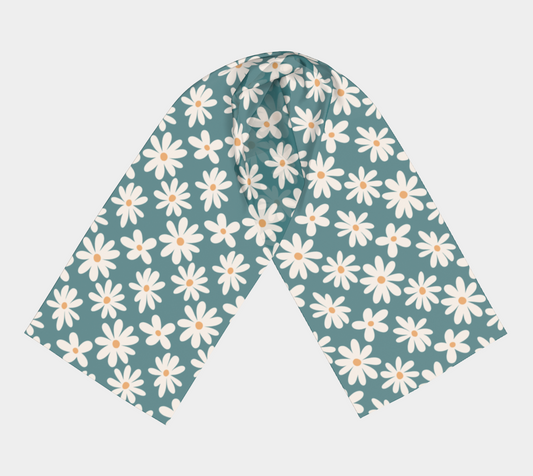 Teal Scarf with cream floral pattern.