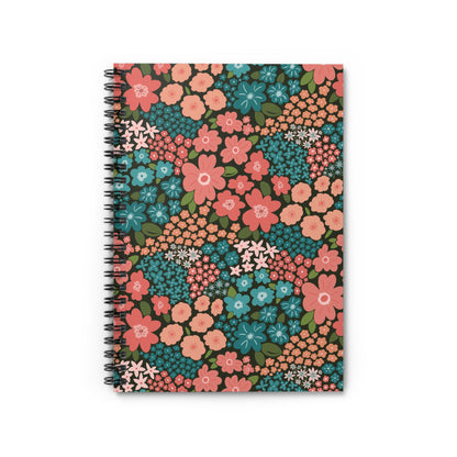 Garden Whimsy Floral in Teal & Coral on Deep Green Spiral Notebook