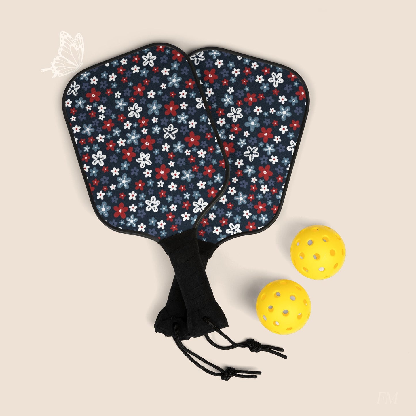 Americana Bloom Night Pickleball Paddles Set with hand drawn artwork - Flourish Moon Studio
