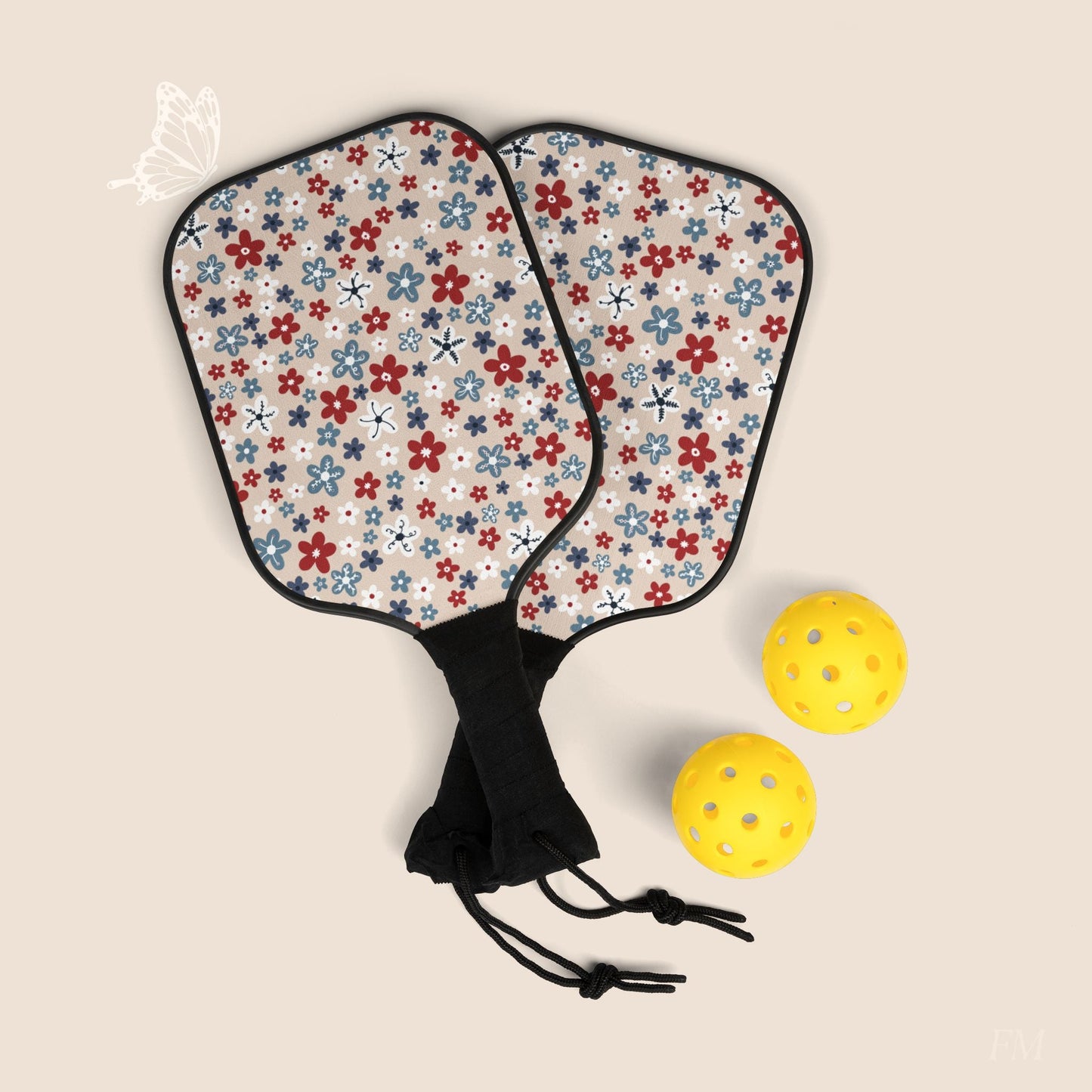 Americana Bloom Pickleball Paddles Set with hand drawn artwork - Flourish Moon Studio