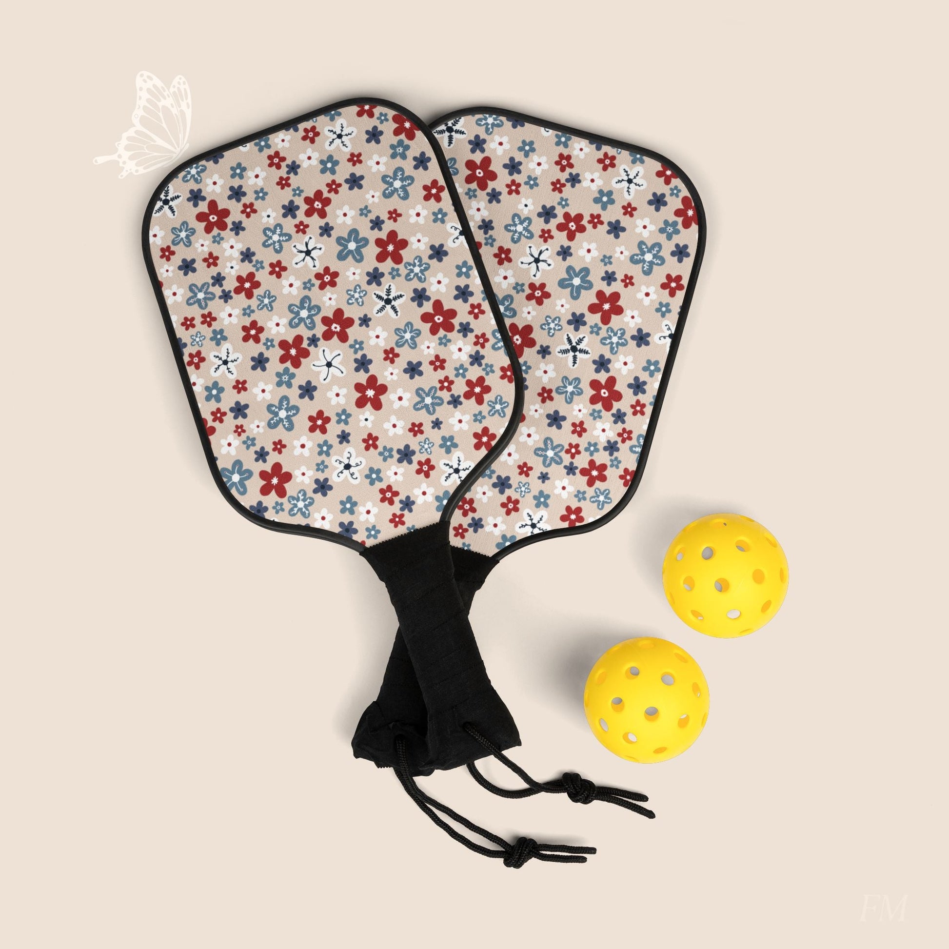 Americana Bloom Pickleball Paddles Set with hand drawn artwork - Flourish Moon Studio