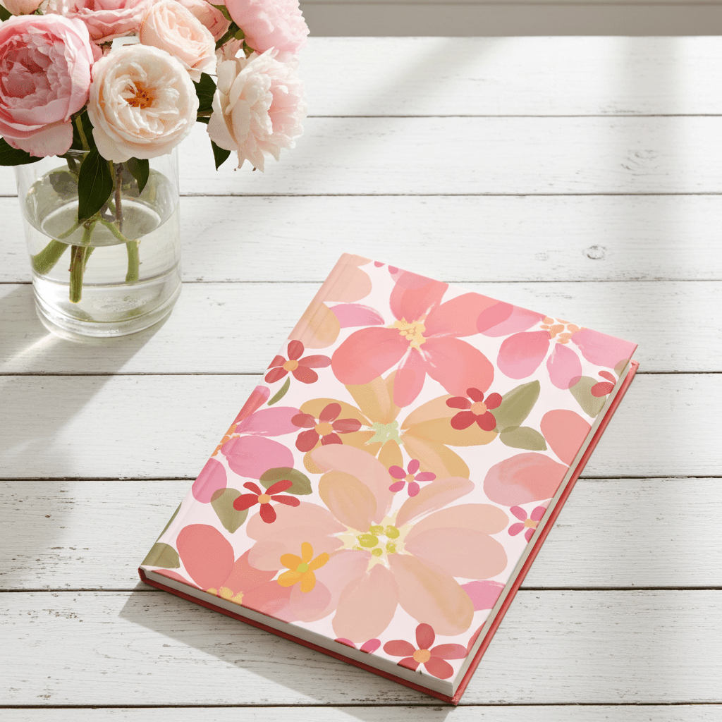Floral notebook on a wooden surface with pink roses in the background