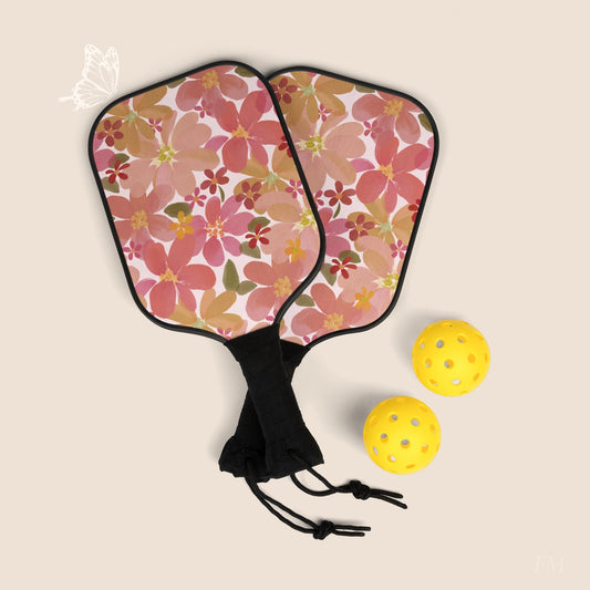 Blossom Blush Floral Pickleball Paddles Set with hand drawn artwork - Flourish Moon Studio