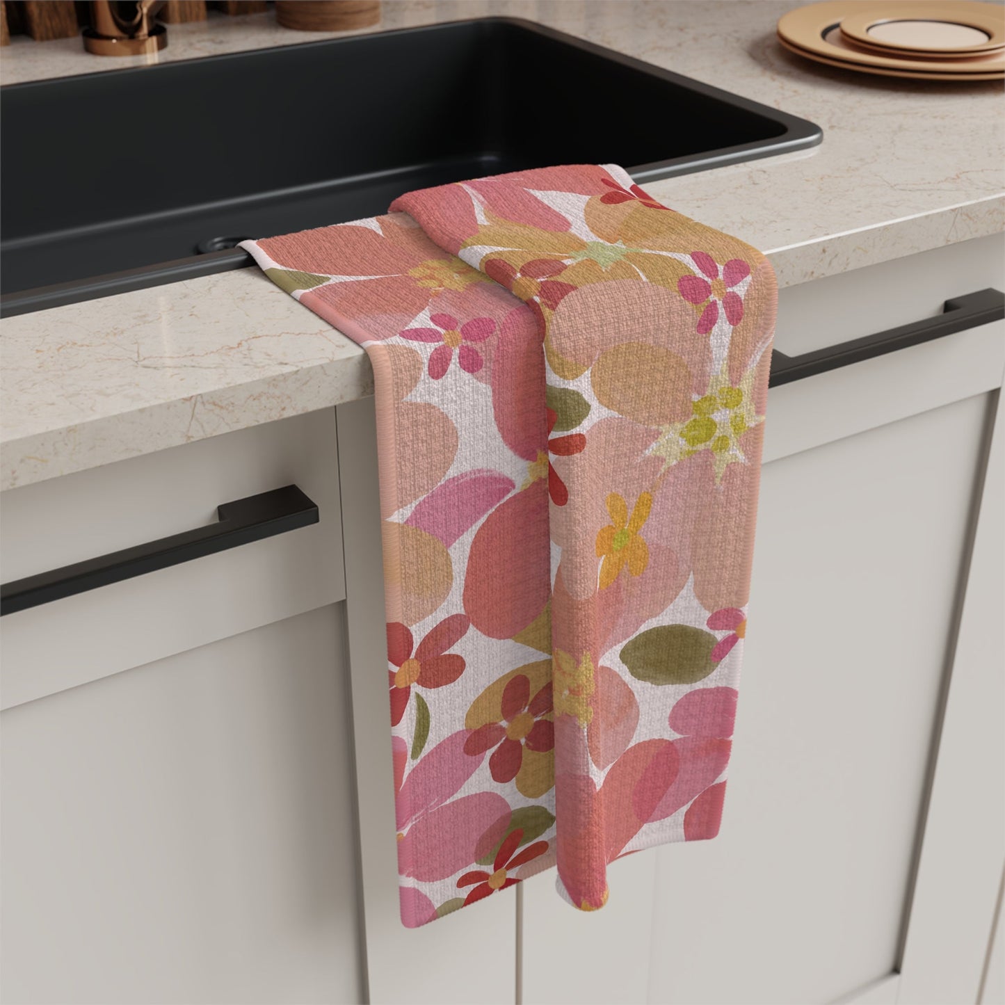 Blossom Blush Microfiber Waffle Kitchen Towel with hand - drawn artwork - Flourish Moon Studio