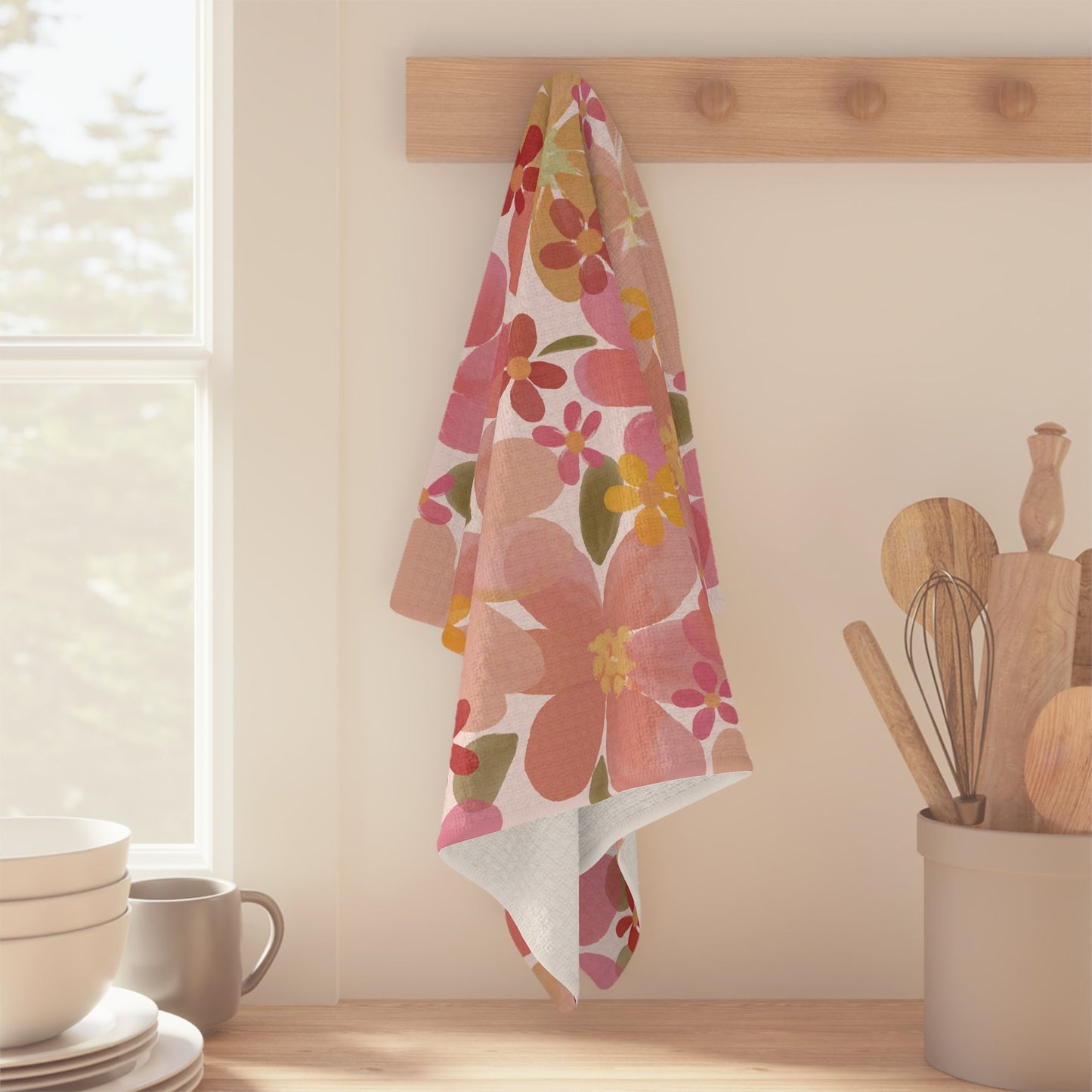 Blossom Blush Microfiber Waffle Kitchen Towel with hand - drawn artwork - Flourish Moon Studio