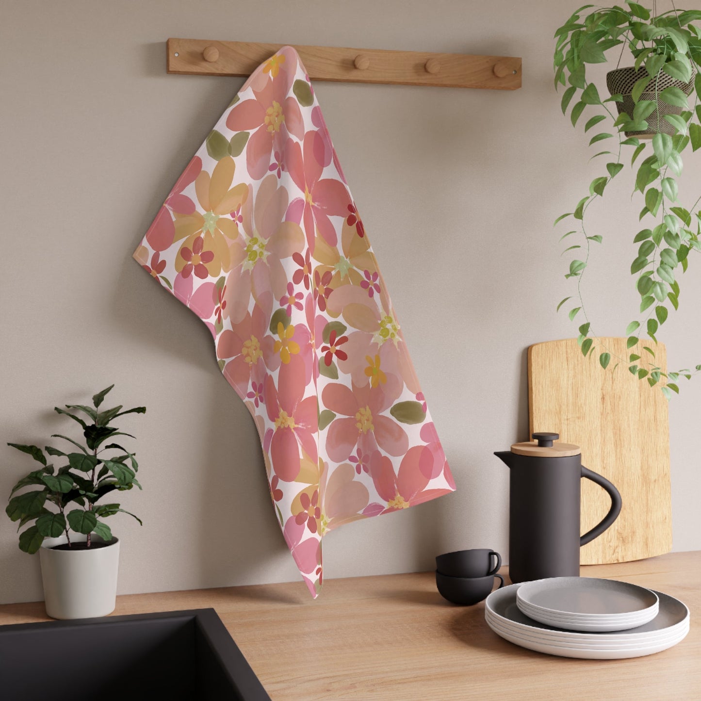Blossom Blush Tea Towel with hand - drawn artwork - Flourish Moon Studio