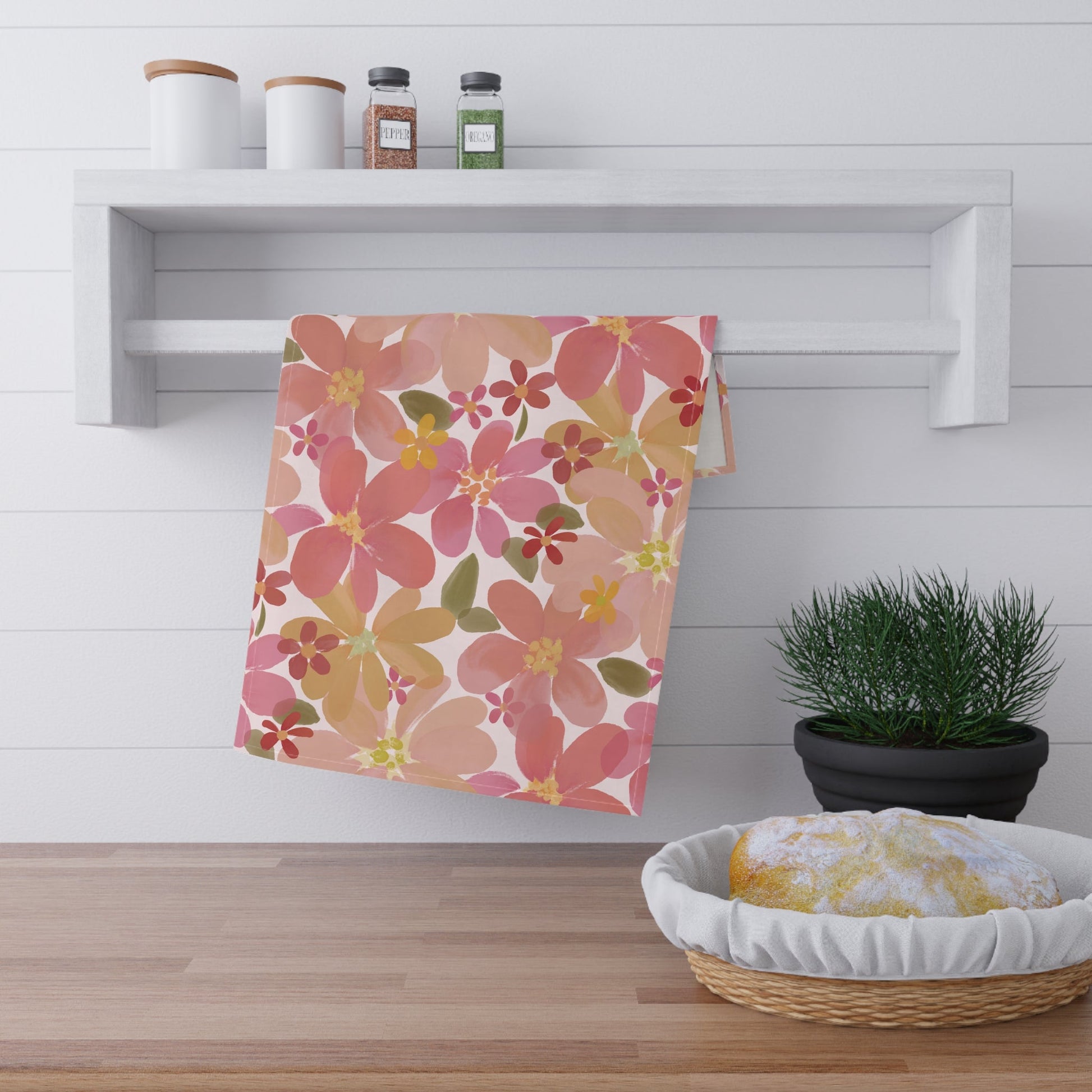 Blossom Blush Tea Towel with hand - drawn artwork - Flourish Moon Studio