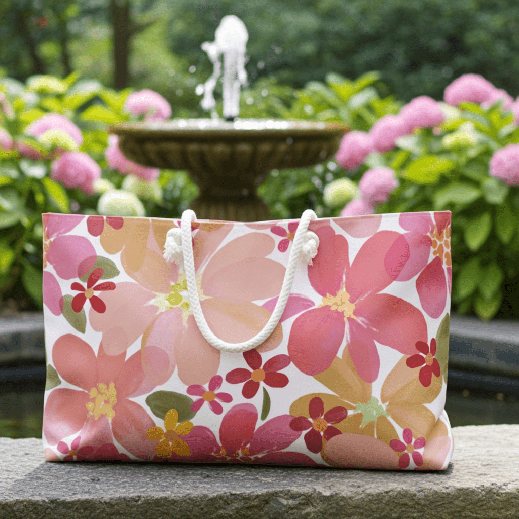Floral-patterned bag with a fountain and flowers in the background