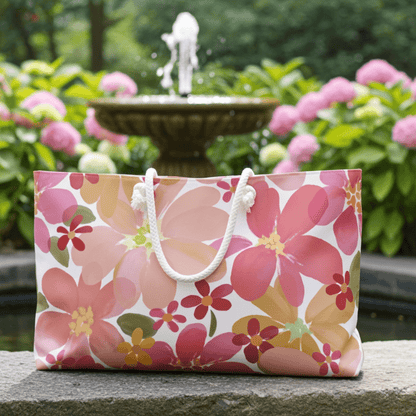 Floral-patterned bag with a fountain and flowers in the background