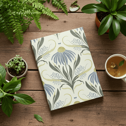 Floral notebook on a wooden surface with plants and a cup of tea.