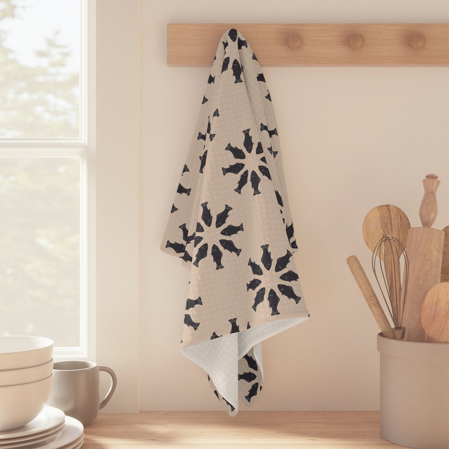 Circle of Tides Microfiber Waffle Kitchen Towel with hand - drawn artwork - Flourish Moon Studio