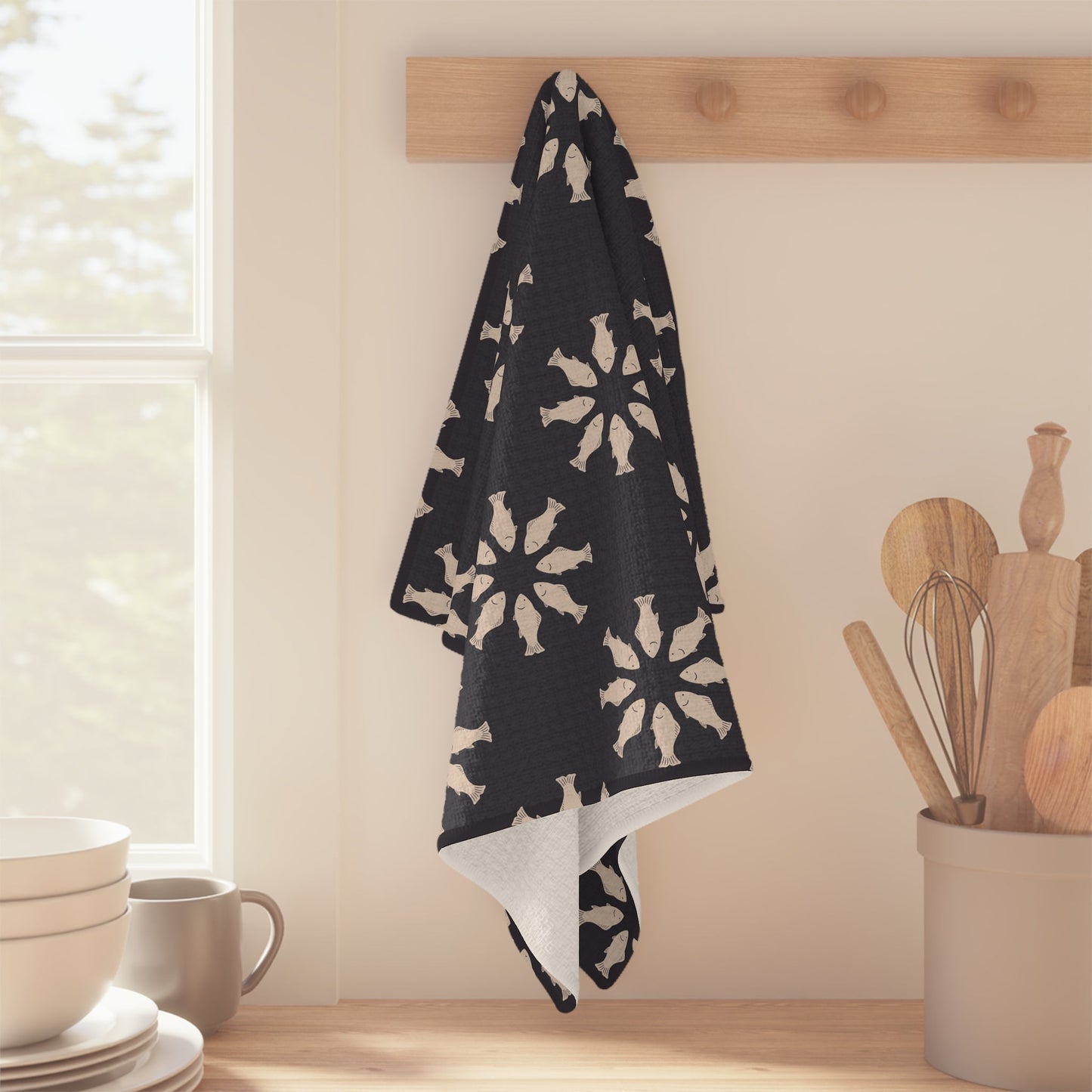 Circle of Tides Navy Microfiber Waffle Kitchen Towel with hand - drawn artwork - Flourish Moon Studio