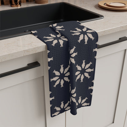 Circle of Tides Navy Microfiber Waffle Kitchen Towel with hand - drawn artwork - Flourish Moon Studio