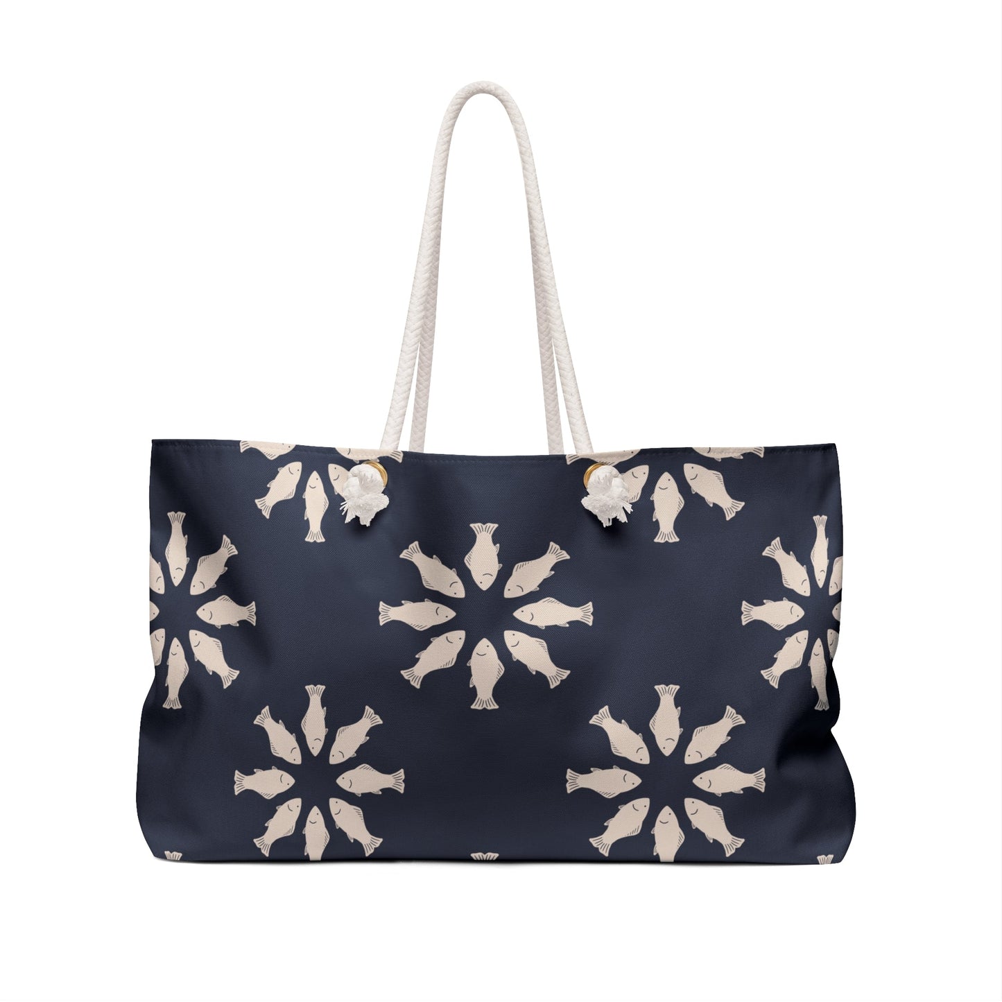 Circle of Tides Navy Weekender Bag with hand - drawn artwork - Flourish Moon Studio